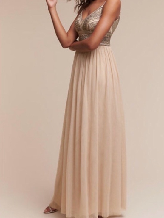 Adrianna Papell Dresses & Skirts - Adrianna Papell “Aida” Beaded V-Neck Maxi Dress in Beige